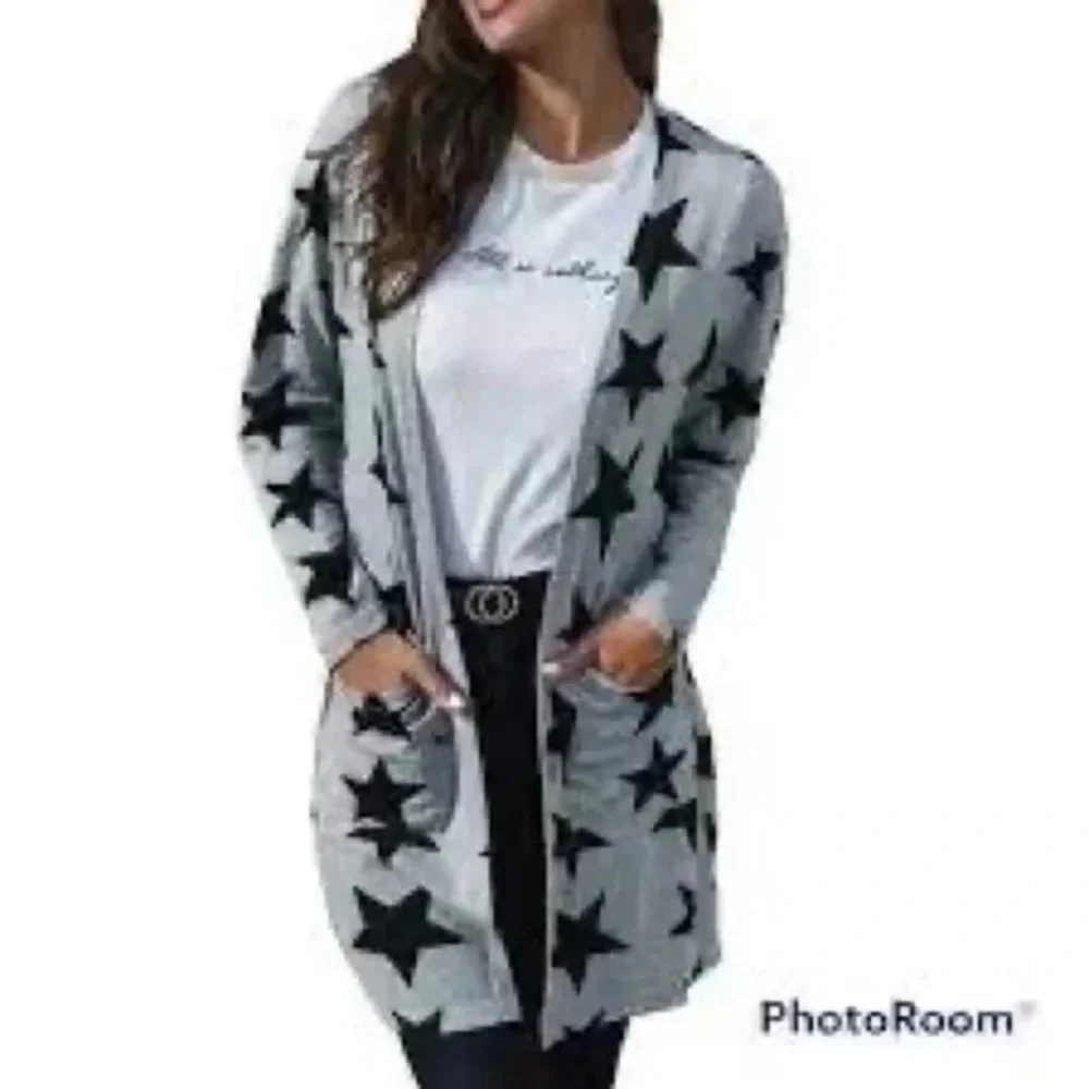 Shein | Five-Pointed Star Pattern Pocket Front Cardigan Longline Small